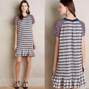 Medium Anthropologie vineet bahl ardenia shift dress blue white plaid red beaded